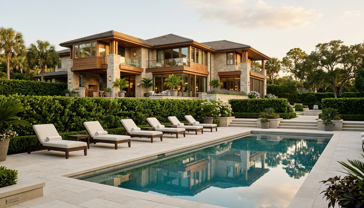 Eye-level view of a luxury pool terrace overlooking a quiet property