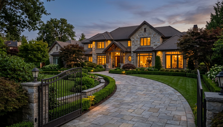 Wide-angle view of a gated luxury home driveway at dusk