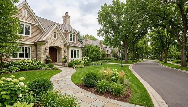 Eye-level view of a mature residential street with a luxury home and landscaped front yard.