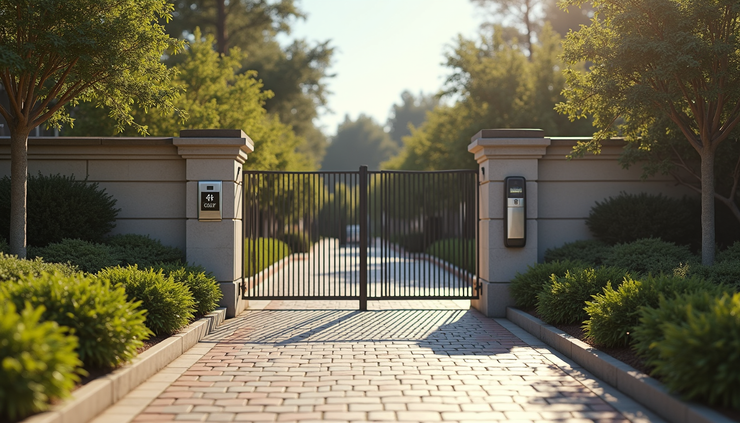 Eye-level view of a serene gated community entrance with biometric access panel and lush landscaping