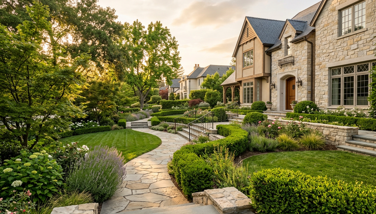 Wide-angle view of a sunlit garden path beside a refined Hillsborough residence