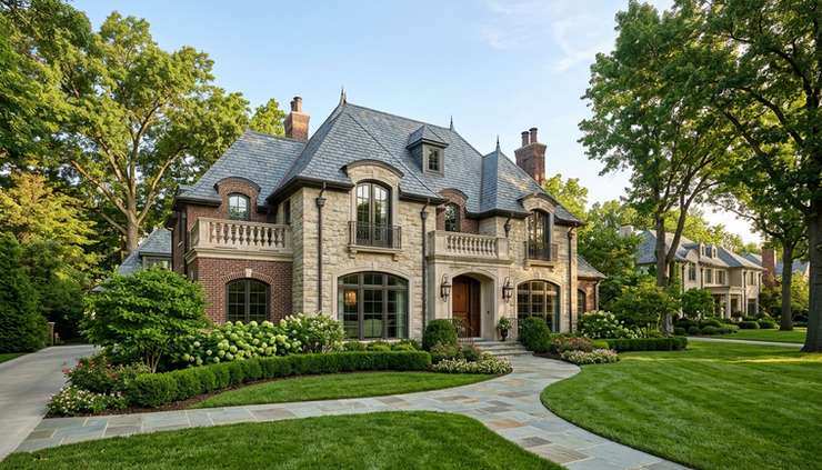 Wide-angle view of a restored Kansas City luxury home with a stone walkway and mature trees.