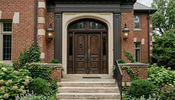 Eye-level view of a historic brick home entrance with original wood doors and detailed trim.