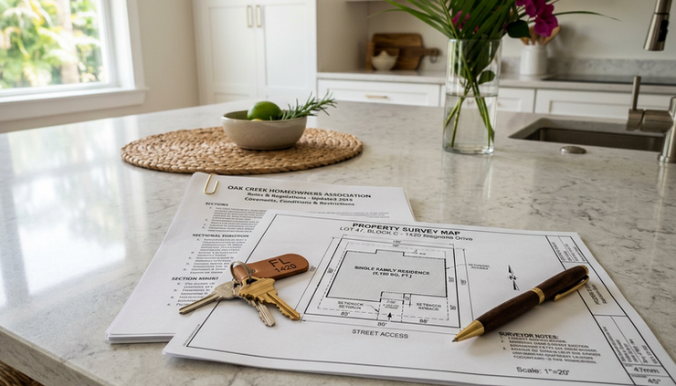 Close-up view of a homeowner reviewing community documents beside a house key and survey map.