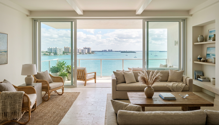 Wide-angle view of a waterfront living room with low seating facing large glass doors.