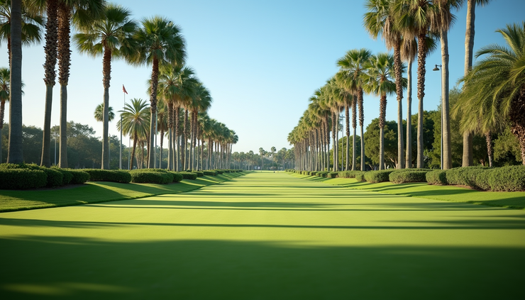 Eye-level view of a pristine golf course fairway with palm trees lining the sides in Naples