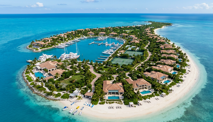 Aerial view of a private island community surrounded by blue water and luxury residences.