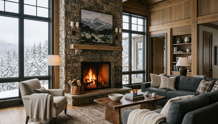 Eye-level view of a stone fireplace and mountain home living room on a cold morning.
