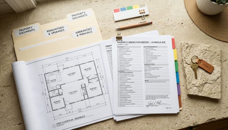 Overhead view of labeled home improvement folders arranged beside blueprints and a house key.