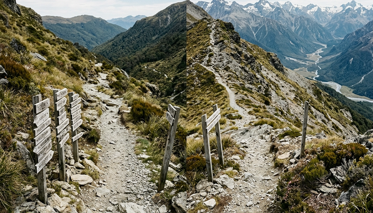 Wide-angle view of a narrow mountain path splitting into two trails.