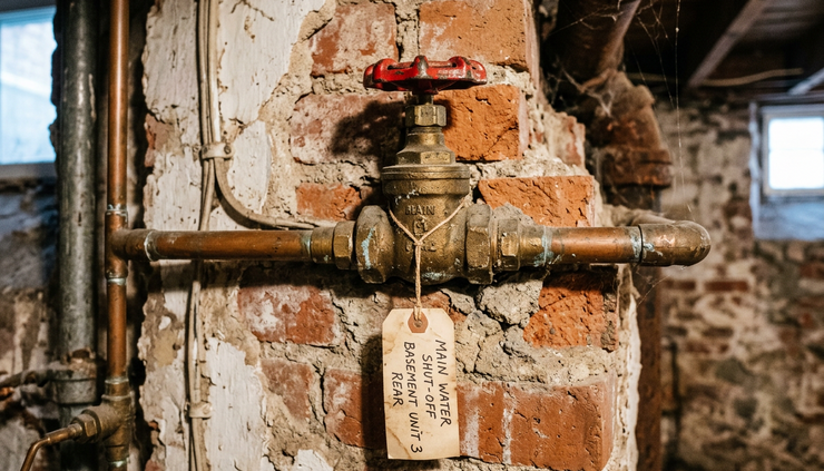 Close-up view of a labeled water shut-off valve near old brick and plaster.