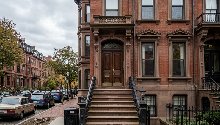 Wide-angle view of a historic Back Bay brownstone entry with visible basement windows.