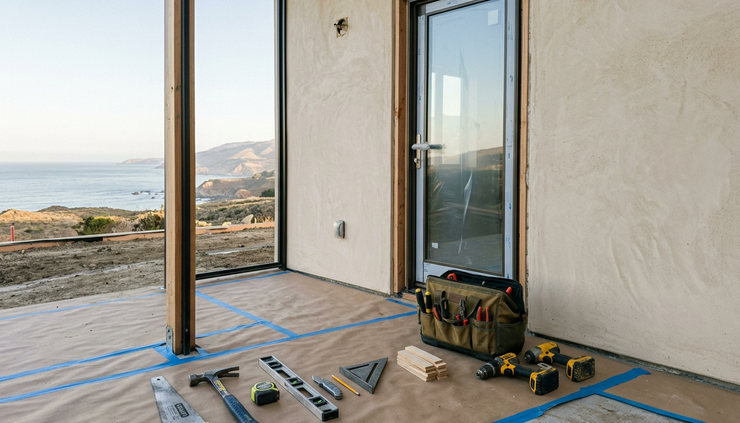 Low-angle view of workers’ tools beside an unfinished exterior doorway