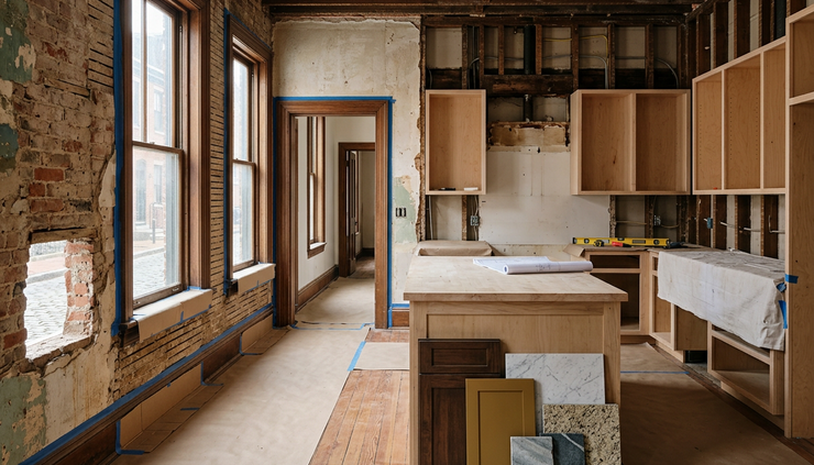 Wide-angle view of a partially renovated kitchen inside a historic Philadelphia rowhouse.