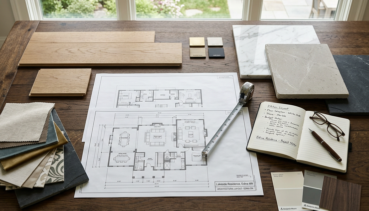 Overhead view of material samples, floor plans, and a measuring tape on a dining table.