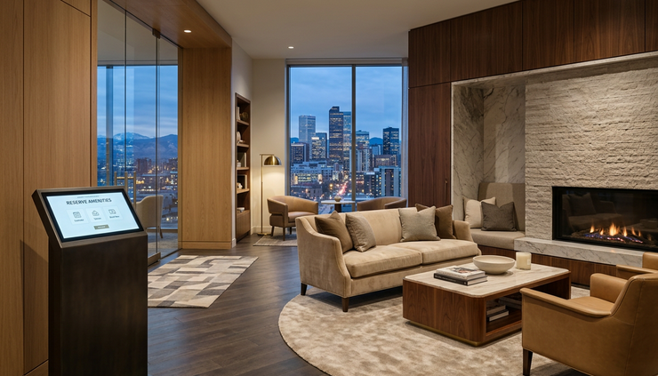 Eye-level view of a quiet resident lounge with smart amenity reservation screens near the entrance.