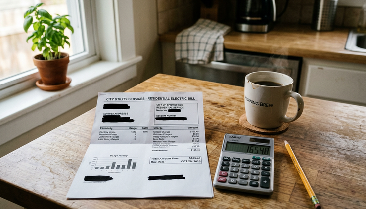 Eye-level view of a paper utility bill and calculator on a kitchen counter