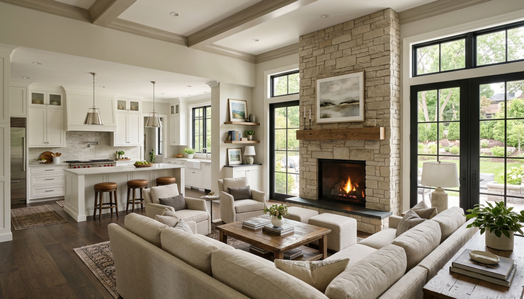 Wide-angle view of a luxury living room with open sightlines and adjoining kitchen.