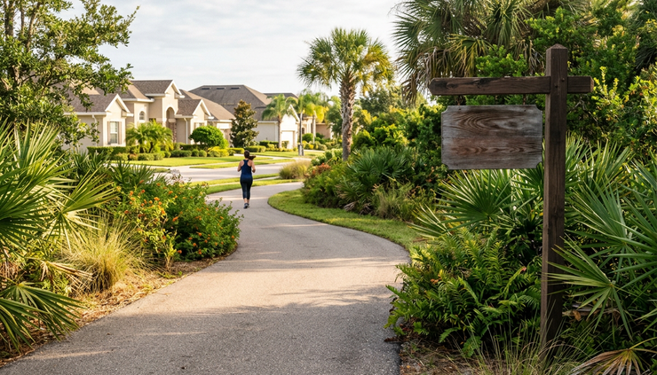 Close-up view of a neighborhood trail sign beside a paved path with Florida landscaping and homes nearby