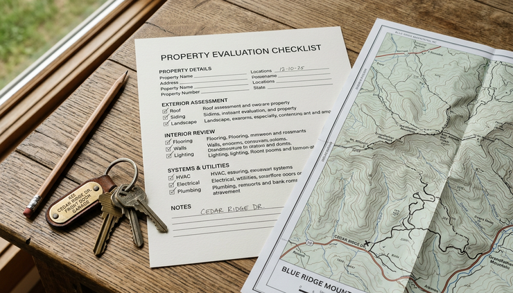 Close-up view of a printed home checklist beside keys and a topographic map.