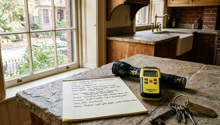 Eye-level view of a handwritten home inspection checklist beside a flashlight and moisture meter on a kitchen counter.