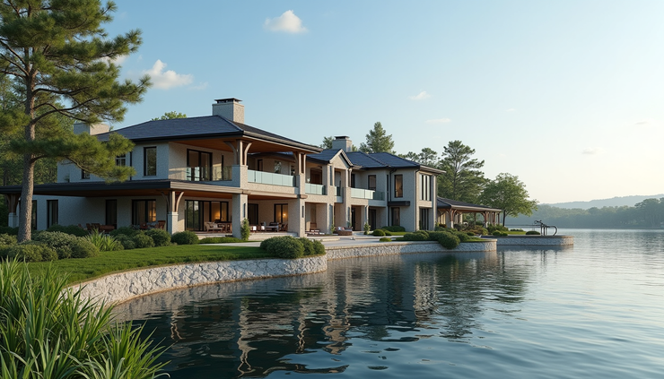 Eye-level view of luxury waterfront estate on Sand Lake with lush landscaping