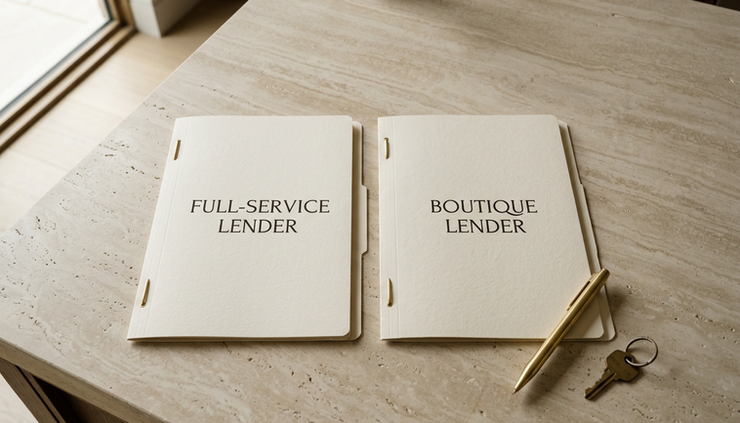Overhead view of two labeled folders for full-service and boutique lending on a stone countertop