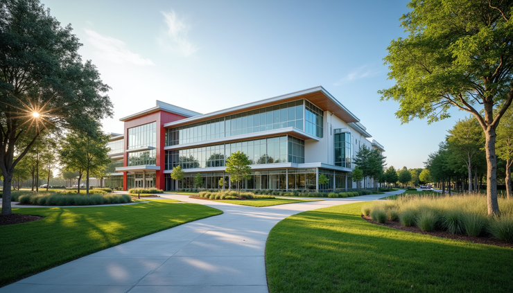 Eye-level view of a modern health-tech facility surrounded by green spaces in Lake Nona