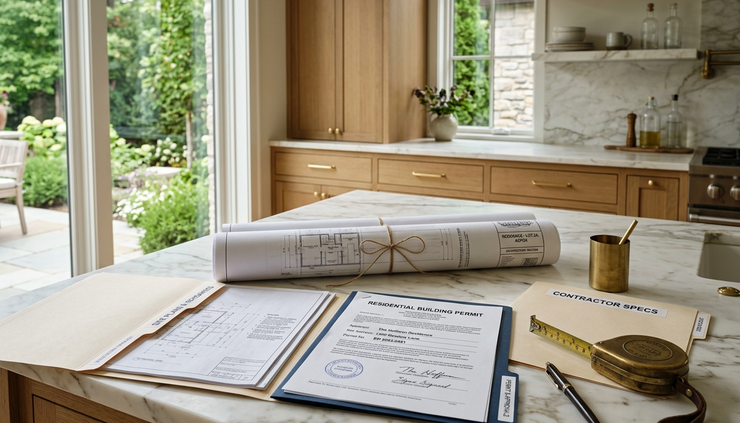 Close-up view of permit papers, a tape measure, and house plans on a marble kitchen island.