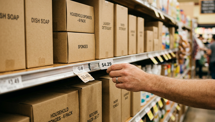 Close-up view of a retail shelf price tag beside boxed household goods.