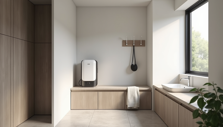 Eye-level view of a modern mudroom with HEPA air scrubber and pet-washing station