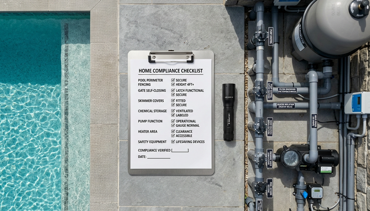 Overhead view of a homeowner checklist beside a pool equipment panel.