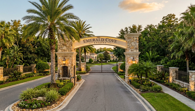 Eye-level view of a gated residential entrance with palm trees and a quiet road