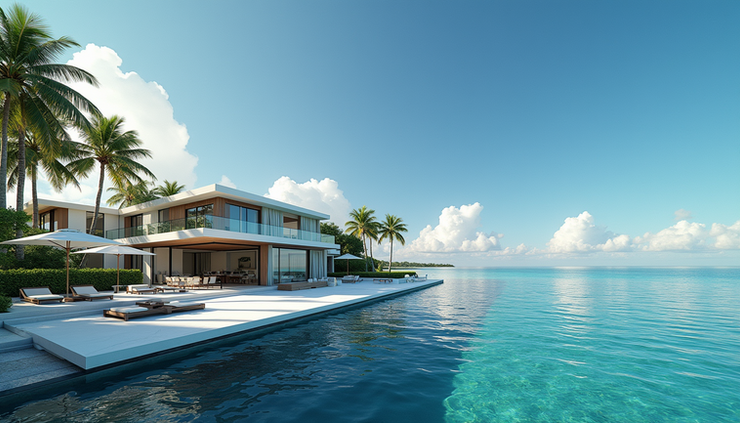 Eye-level view of luxury waterfront mansion on Star Island Miami