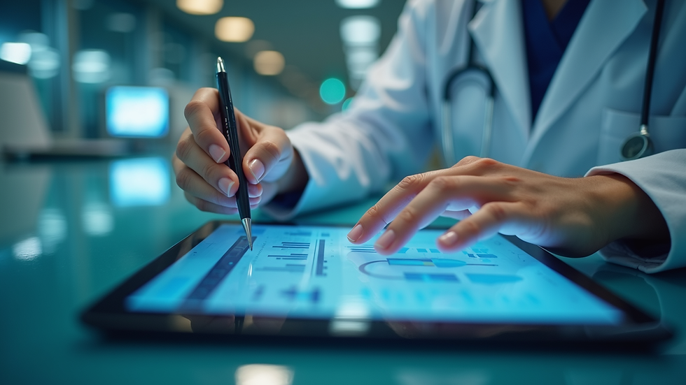 Eye-level view of a healthcare professional analyzing data on a digital tablet