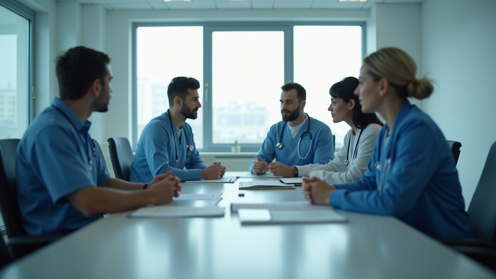 Eye-level view of a hospital conference room with healthcare professionals discussing plans