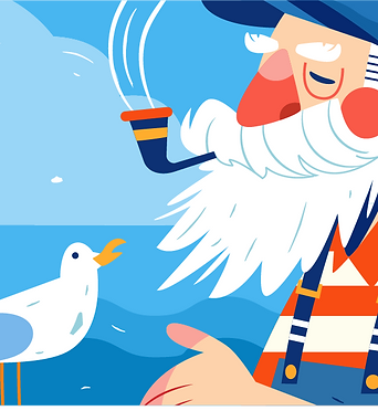 Illustration of a fisherman and a seagull chatting