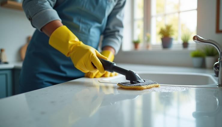 Close-up view of a professional cleaner using advanced equipment on a kitchen surface