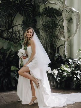 Beautiful Satin Fitted Wedding Dress with Button Detailing and Detachable skirt
Available to order with a closed split