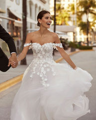 SALE DRESS
Elegant princess wedding dress, crafted in tulle with guipure lace detailing.
Featuring a sweetheart neckline, zip and detachable straps.
Was £1665 Now £995
Perfect Condition