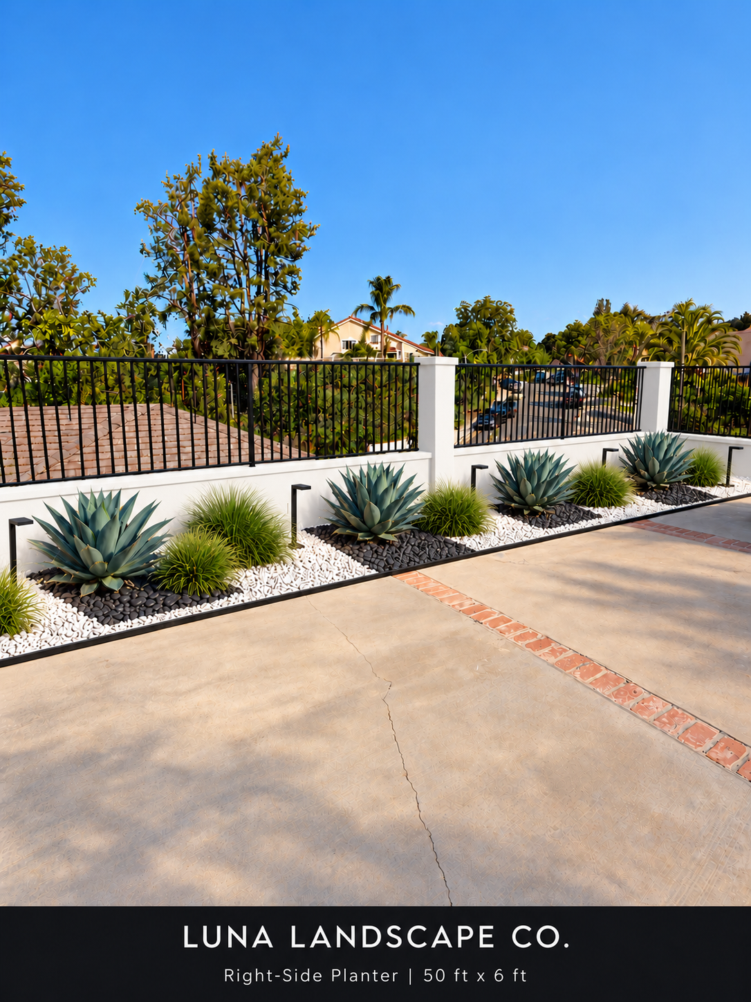 Concept rendering of a modern planter with sculptural agaves, ornamental grasses, white gravel and black pebble accents