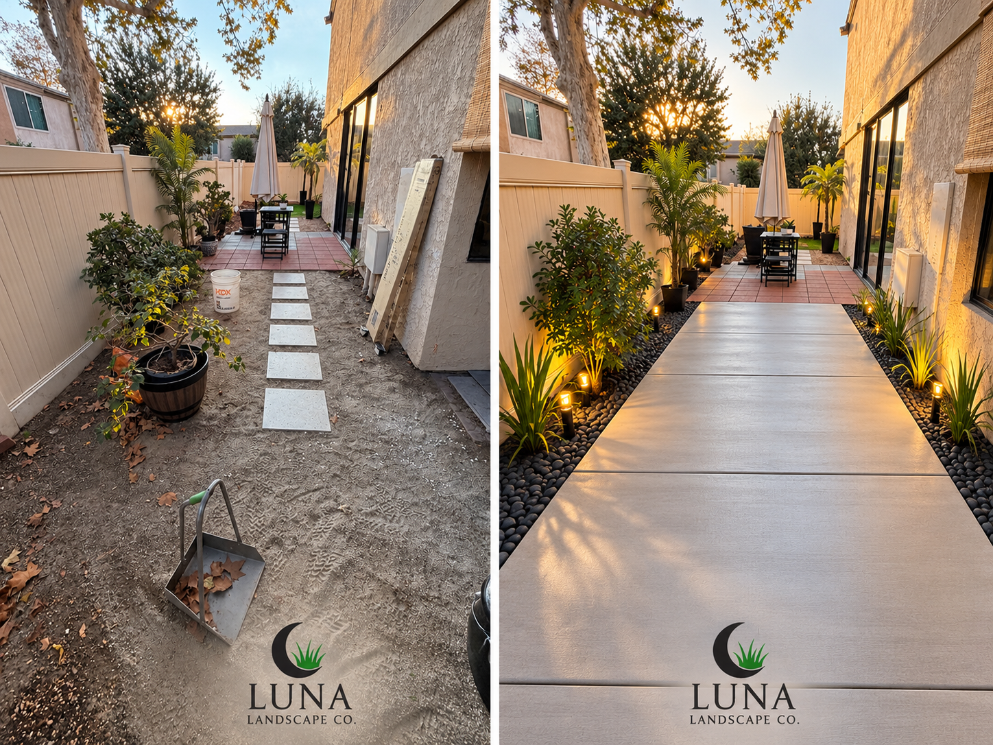Proposed side-yard rendering with a concrete walkway, dark stone planting borders and warm landscape lighting