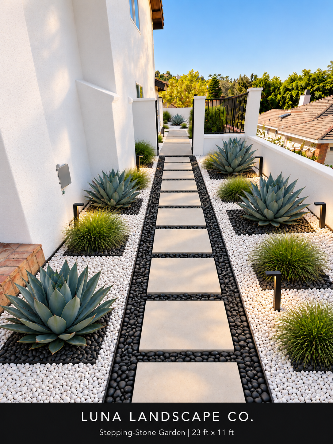 Concept rendering of a modern stepping-stone garden with large concrete slabs, dark pebbles, agaves and warm path lighting
