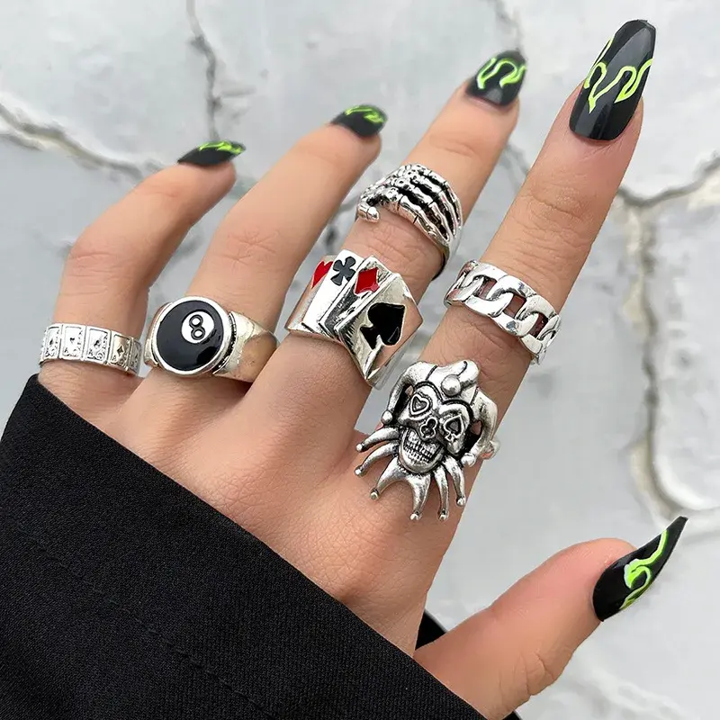 6Pcs Punk Poker Joker Silver Color Ring