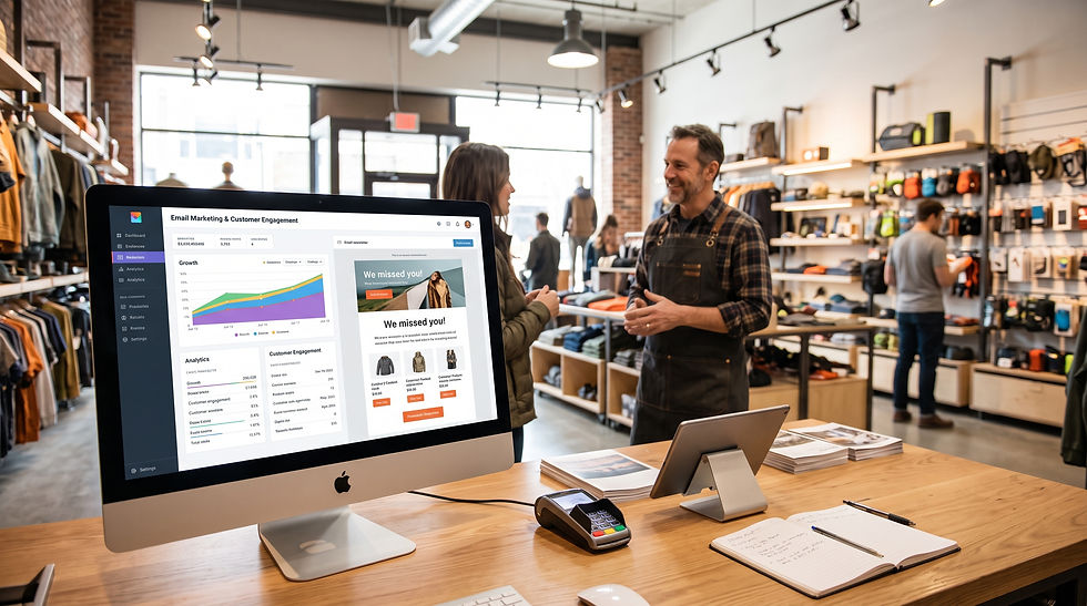 An open laptop on a wooden retail shop counter displaying an email marketing campaign dashboard with rising open rates and a newsletter design preview. The POS terminal and retail setup represent independent shop owners using targeted subscriber lists to drive repeat e-commerce revenue.
