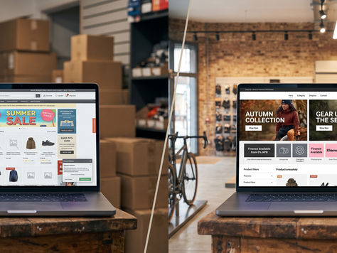 split-screen photographic comparison on a rustic wooden shop counter, comparing an outdated, unmanaged e-commerce website on a laptop in a messy backroom on the left with a modern, professionally managed online store on a laptop in a bright, stylish independent retail showroom on the right. In the right-hand panel, a digital consultant and a store owner collaborate positively over the screen, displaying vibrant seasonal banners, clean category grids, and clear finance badges.