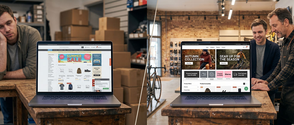 split-screen photographic comparison on a rustic wooden shop counter, comparing an outdated, unmanaged e-commerce website on a laptop in a messy backroom on the left with a modern, professionally managed online store on a laptop in a bright, stylish independent retail showroom on the right. In the right-hand panel, a digital consultant and a store owner collaborate positively over the screen, displaying vibrant seasonal banners, clean category grids, and clear finance badges.