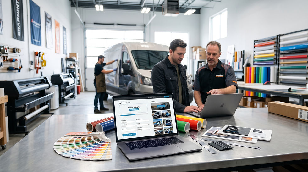 An open laptop on a smooth metal workshop counter displaying a modern trade quote web page with an artwork upload form, surrounded by vinyl color swatch fans, application tools, and 3M vinyl rolls. In the background of a well-lit vehicle wrapping garage, a digital consultant and shop manager review campaign metrics while a technician prepares a commercial van in a wrapping bay.