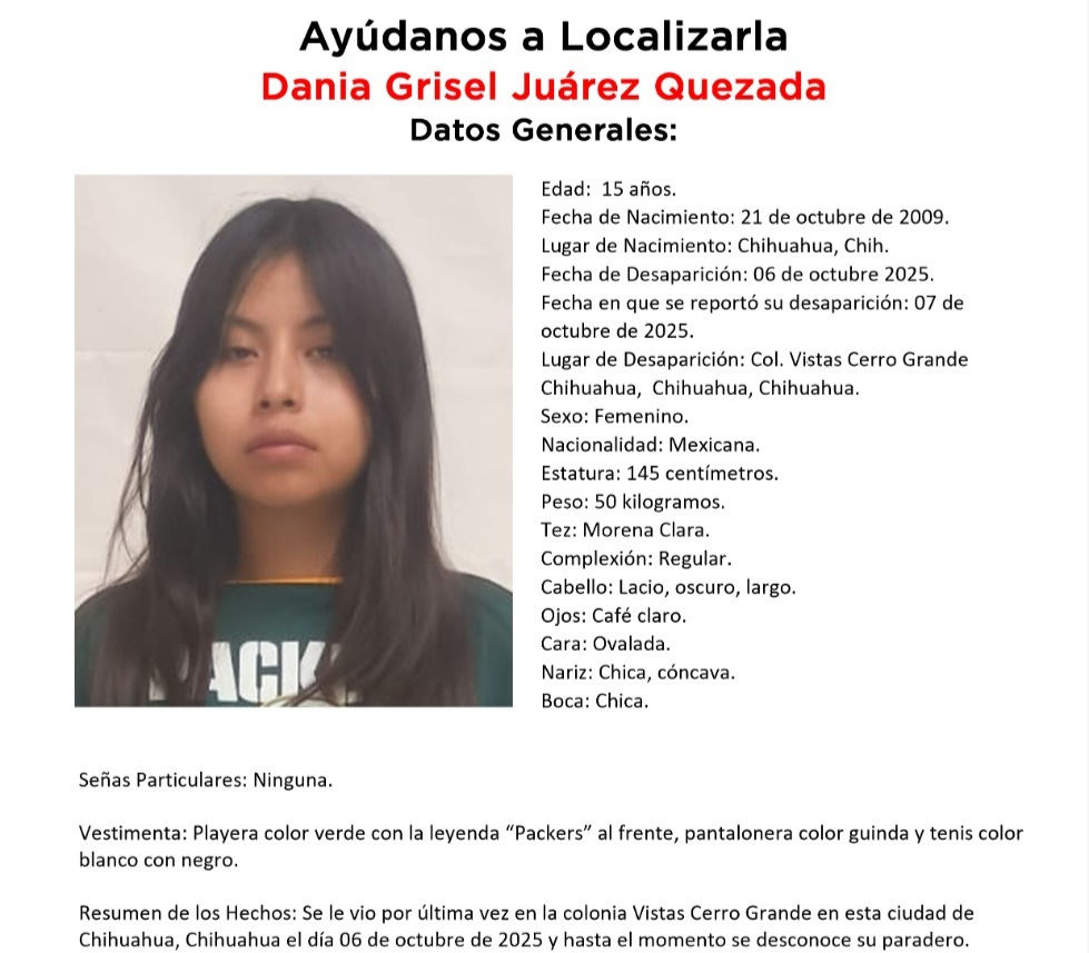 Desaparece jovencita de 15 años en Colonia Vistas Cerro Grande