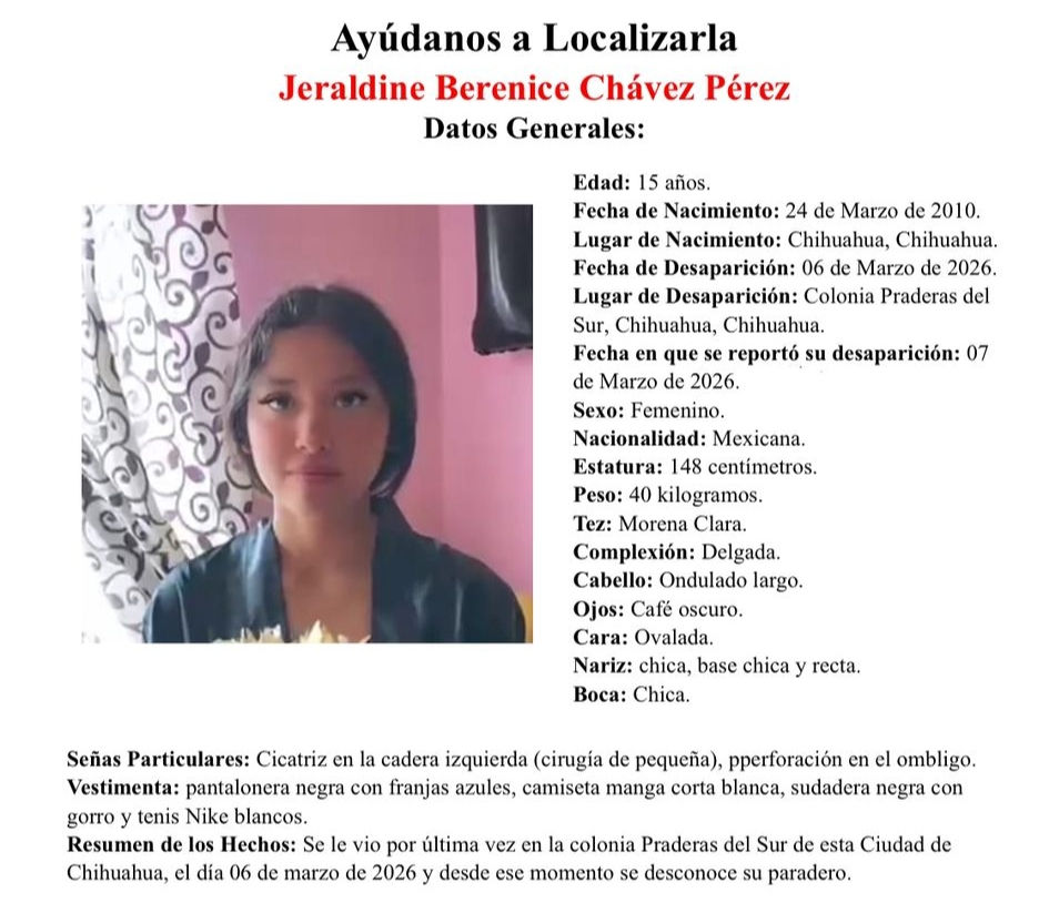 Desaparece jovencita de 15 años en la Colonia praderas del Sur